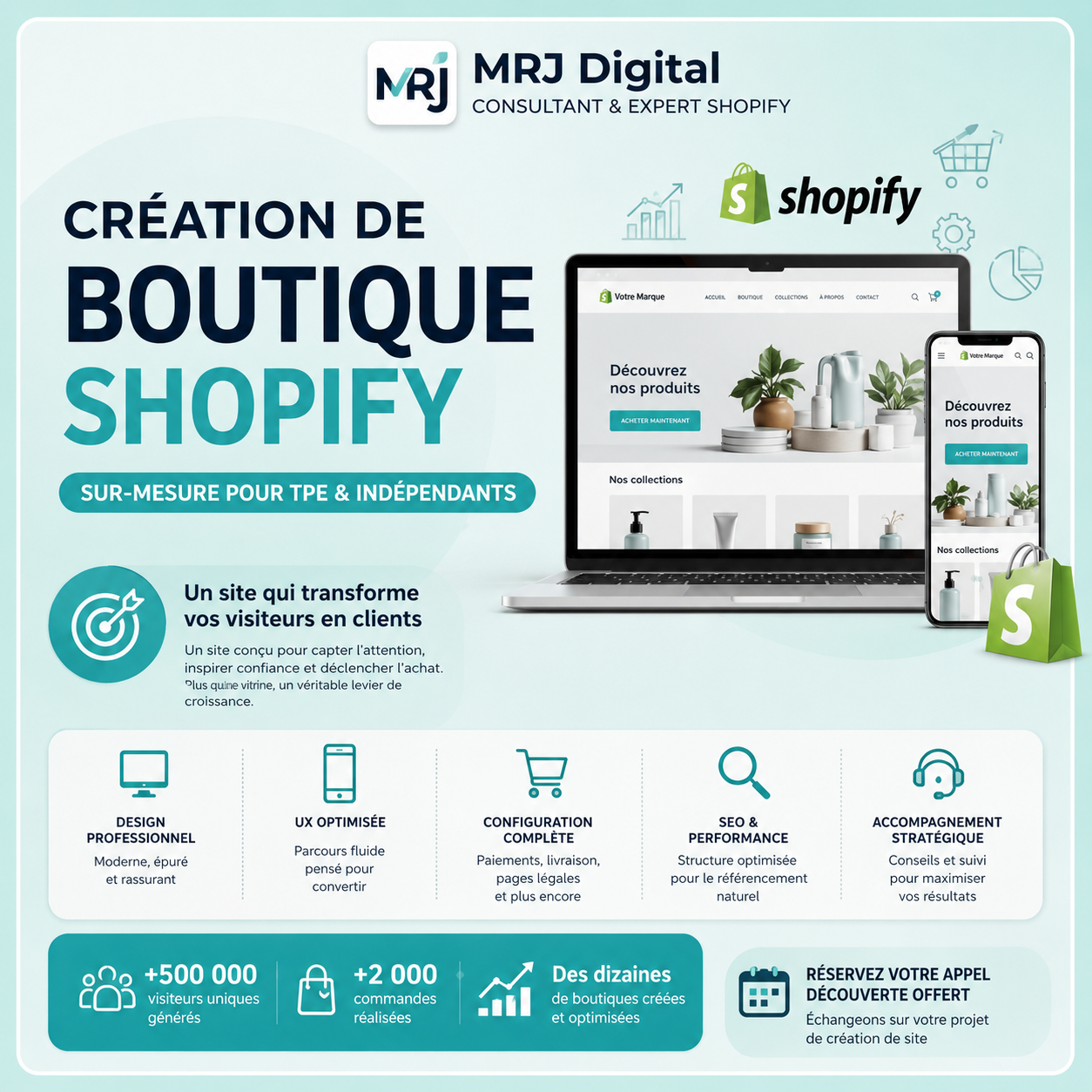 Boutique Shopify professionnelle créée par MRJ Digital pour développer les ventes des TPE et indépendants grâce à un design optimisé et une expérience utilisateur performante.