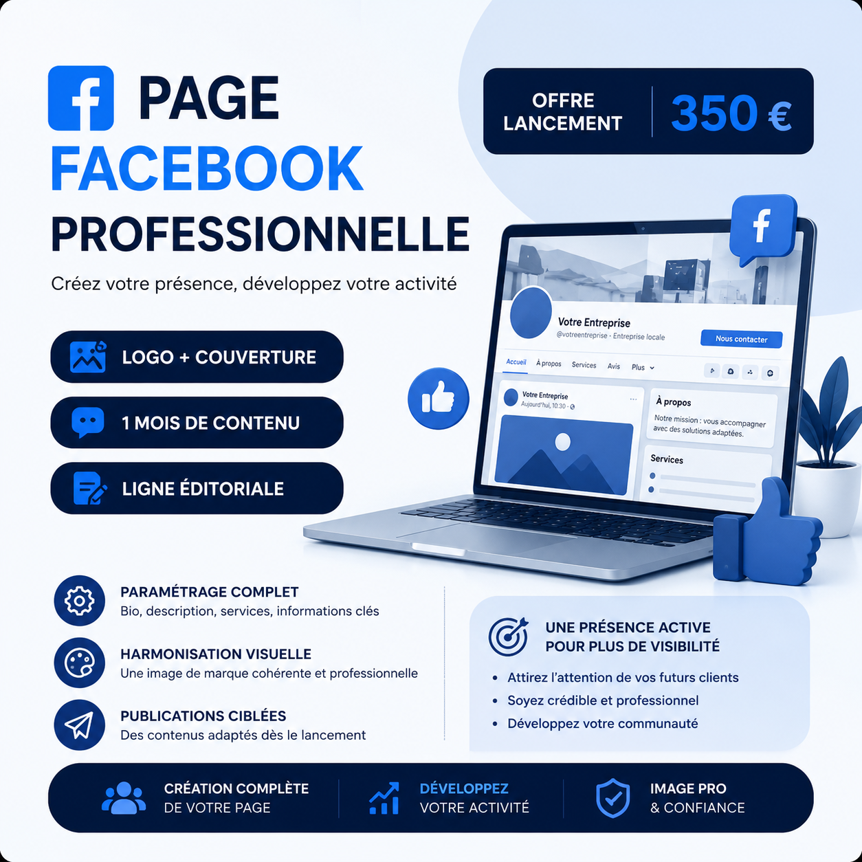 Création de page Facebook professionnelle par MRJ Digital avec logo, couverture, optimisation du profil, ligne éditoriale et contenus pour développer votre visibilité.