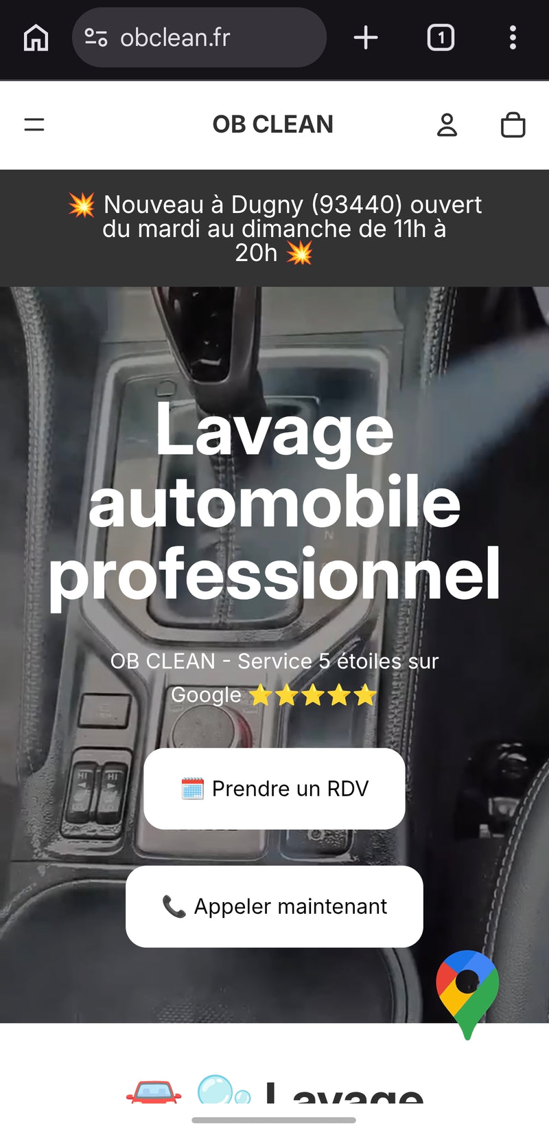 Exemple de site Shopify de lavage automobile professionnel à Dugny optimisé pour la prise de rendez-vous locaux par MRJ Digital.