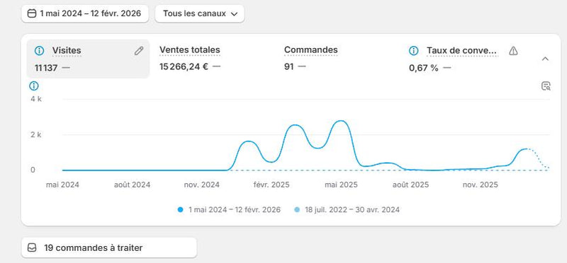 Capture d'écran du tableau de bord Shopify Analytics sur la page d'accueil de MRJ Digital, affichant 15 266,24 € de ventes totales, 11 137 visites et 91 commandes pour prouver la croissance d'une boutique en ligne sur le terrain.
